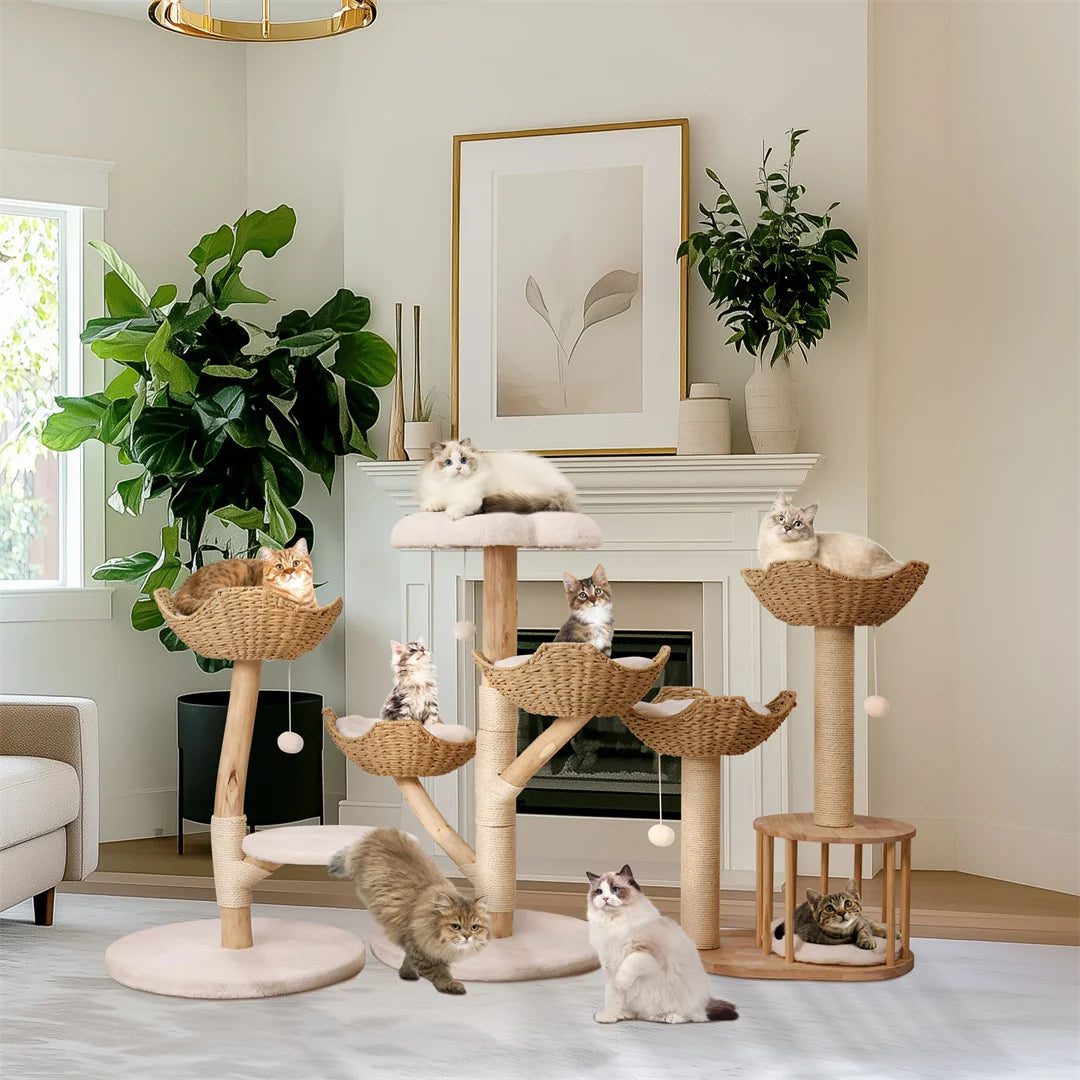 Modern Solid Wood Cat Tree with Scratching Posts, Hammocks and Toy Ball