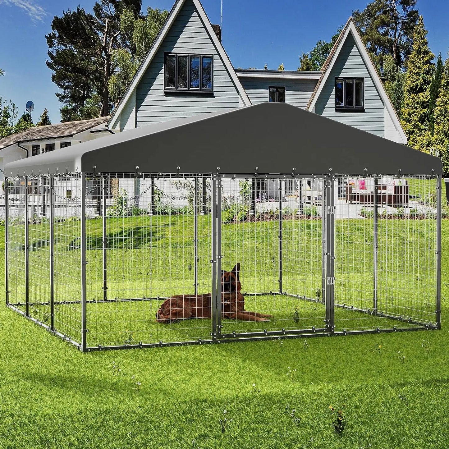 Large Heavy-Duty Outdoor Dog Kennel with Roof and Double Door Fence