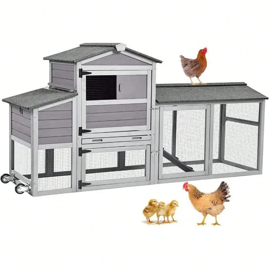 80" Mobile Wooden Chicken Coop with Wheels, Nesting Box & Run