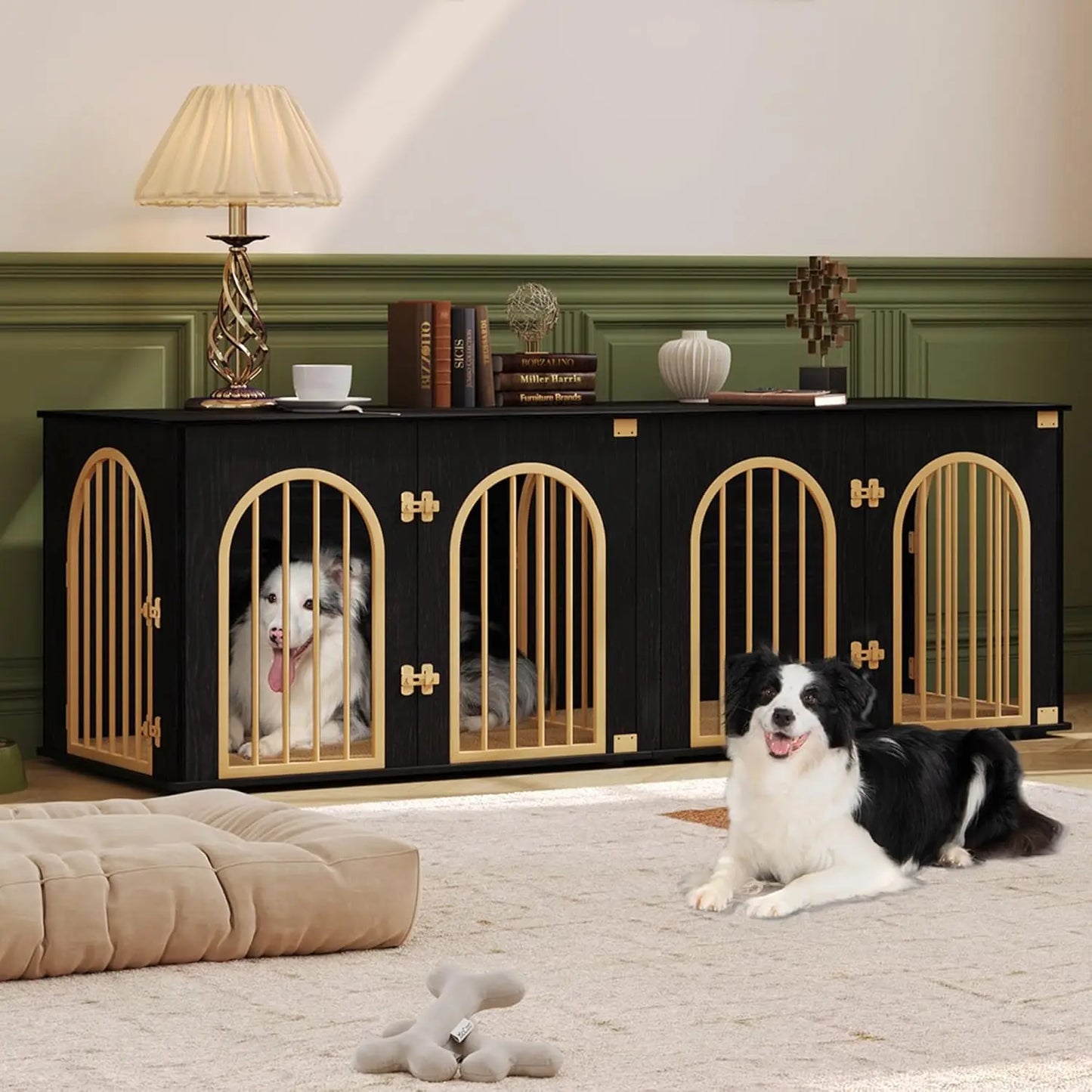 71" XXL Wooden Dog Crate, Furniture with Divider - Heavy-Duty Indoor Kennel and TV Stand for Up to 2 Dogs