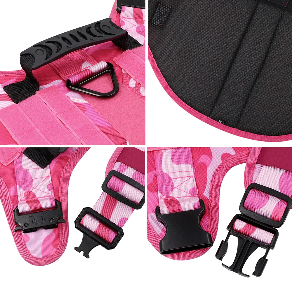 Pink Military Camouflage Tactical Dog Harness with Optional Adjustable Bungee Leash – Perfect for Medium and Large Dogs