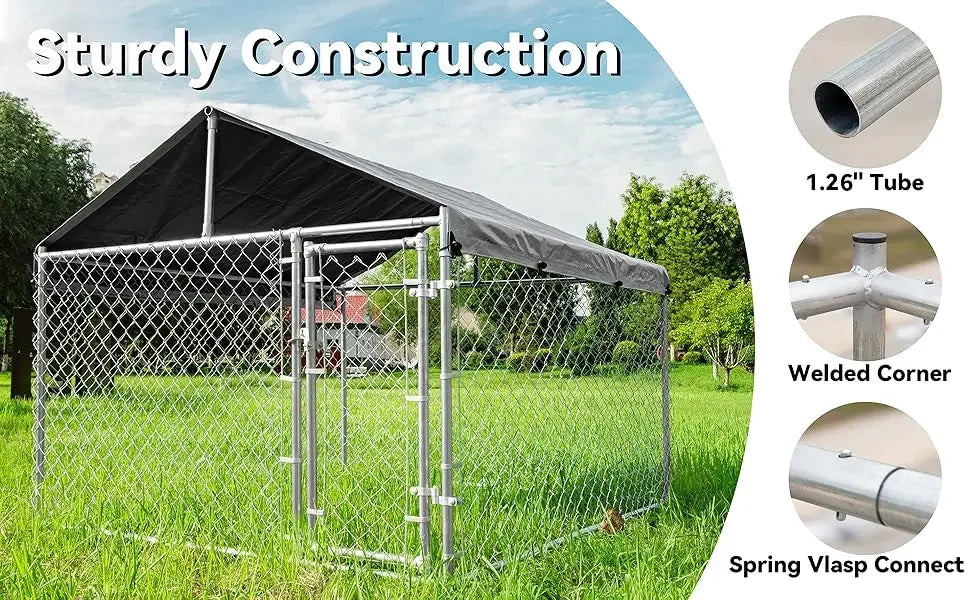 Extra Large Outdoor, Anti-Rust Dog Kennel with Galvanized Roof and Chain Link Dog Run