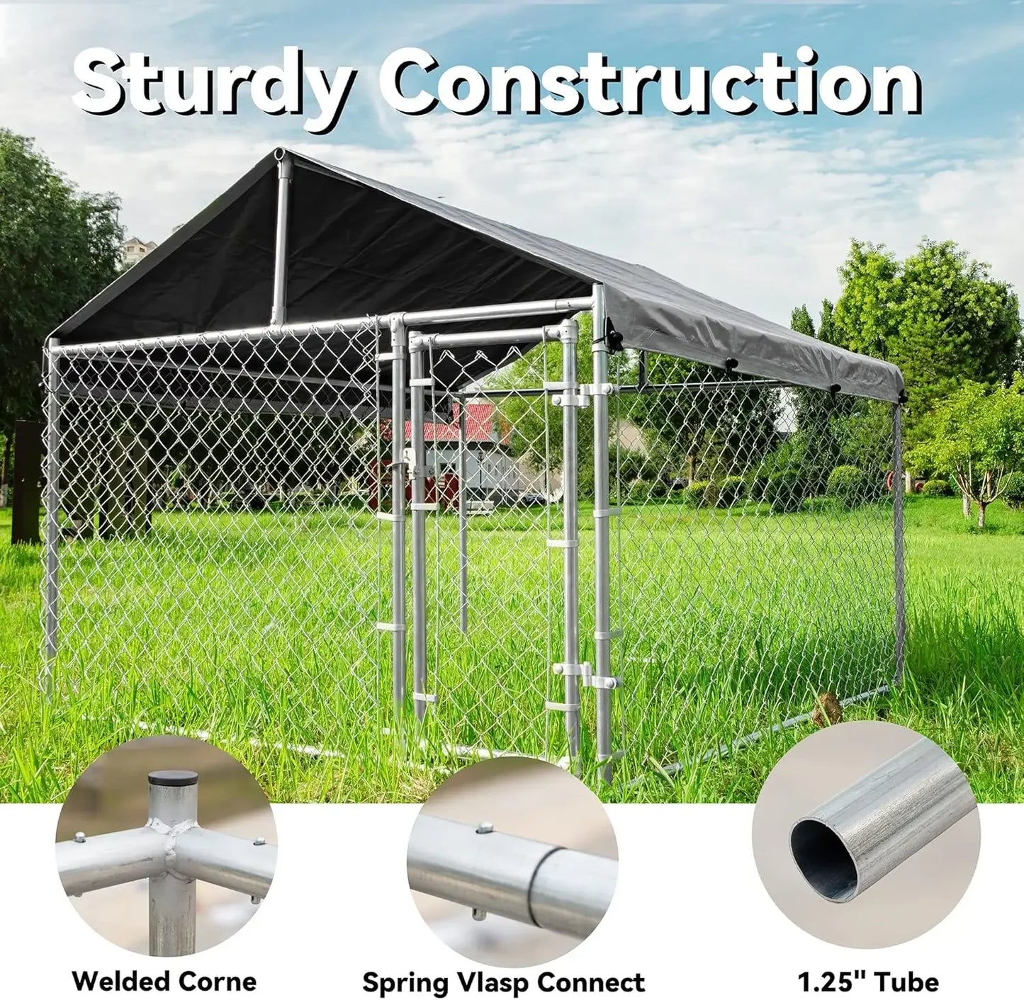 Extra Large Outdoor, Anti-Rust Dog Kennel with Galvanized Roof and Chain Link Dog Run