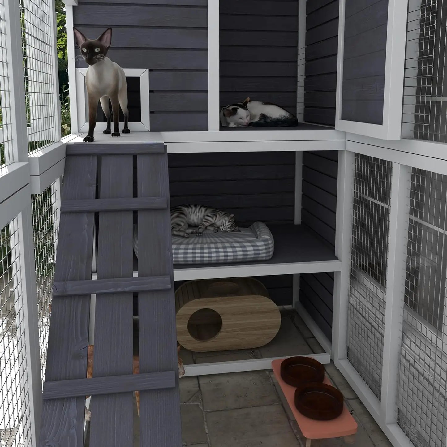 Outdoor Wooden Catio Cat Shelter with Platforms and Waterproof Roof