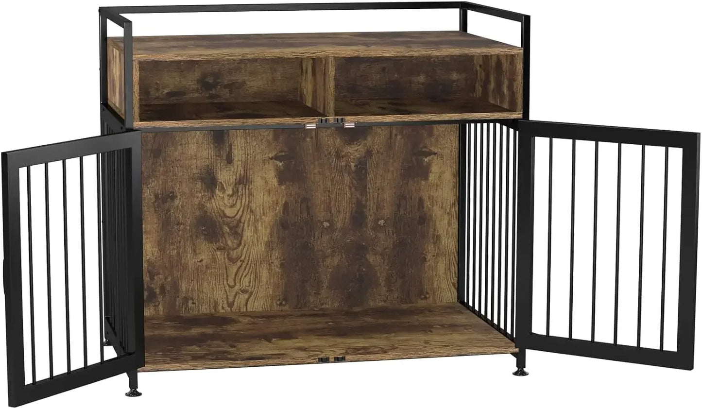 Wooden Furniture-Style Dog Crate with Metal Bars & Storage
