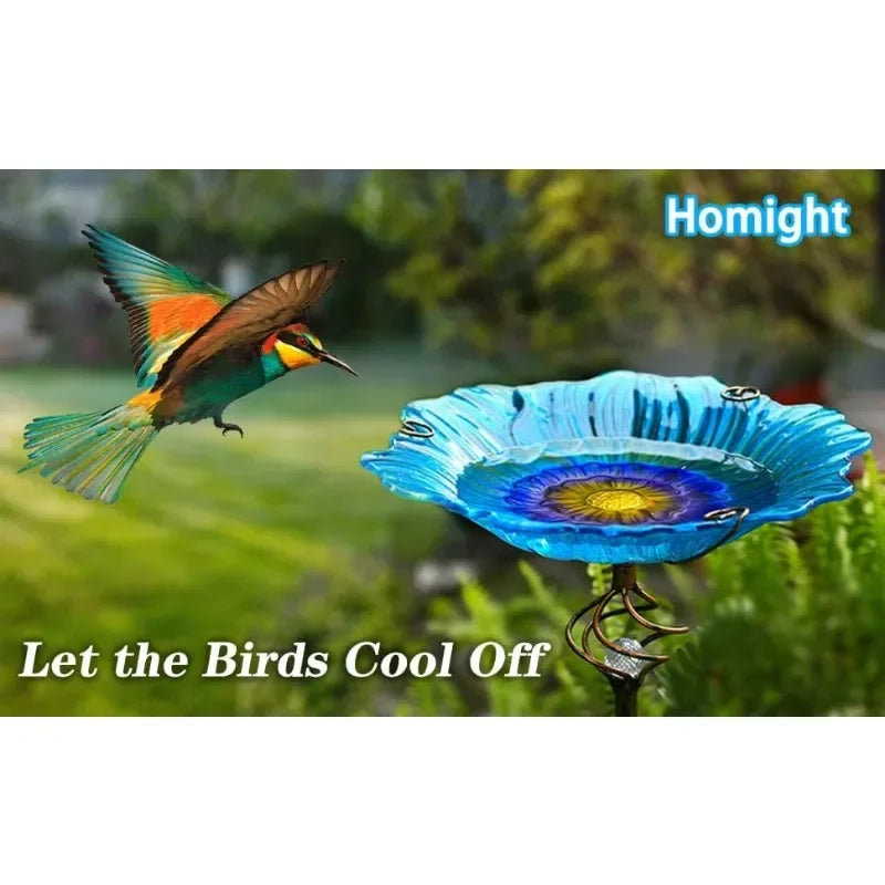 Glass Bird Bath or Feeder with Solar-Powered LED Light