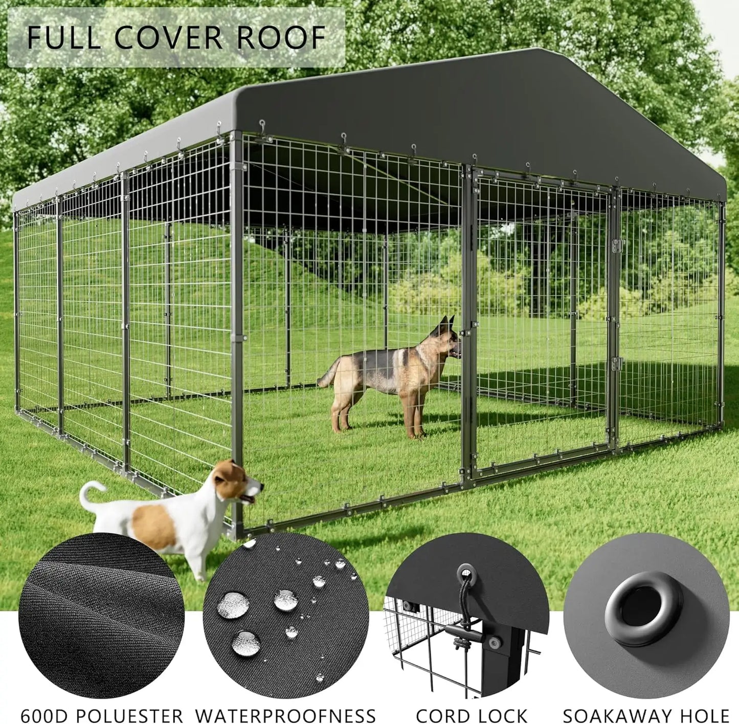 Large Heavy-Duty Outdoor Dog Kennel with Roof and Double Door Fence