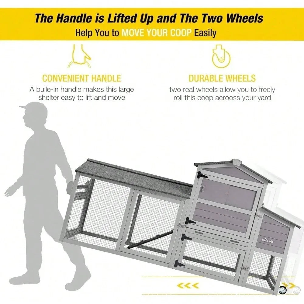80" Mobile Wooden Chicken Coop with Wheels, Nesting Box & Run