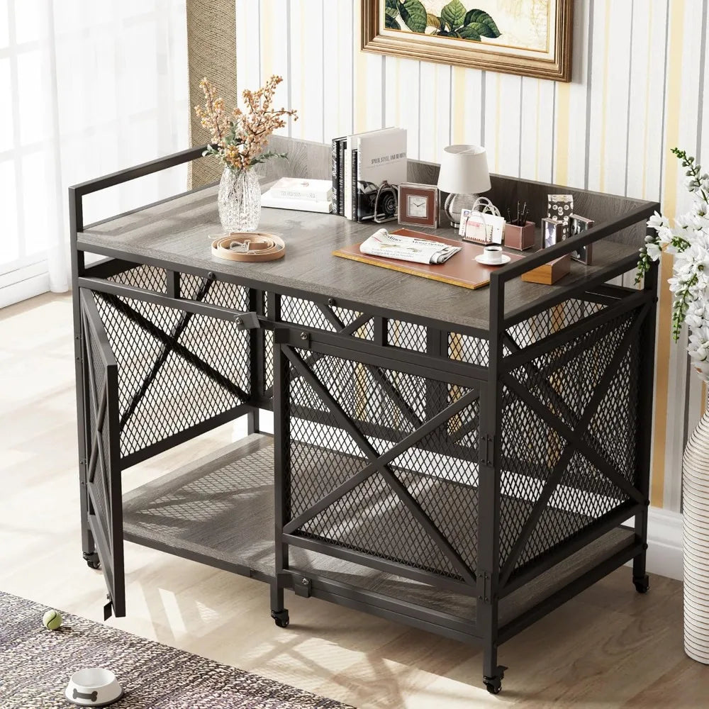 47-Inch Extra-Large Wooden Dog Crate with Wheels & Storage