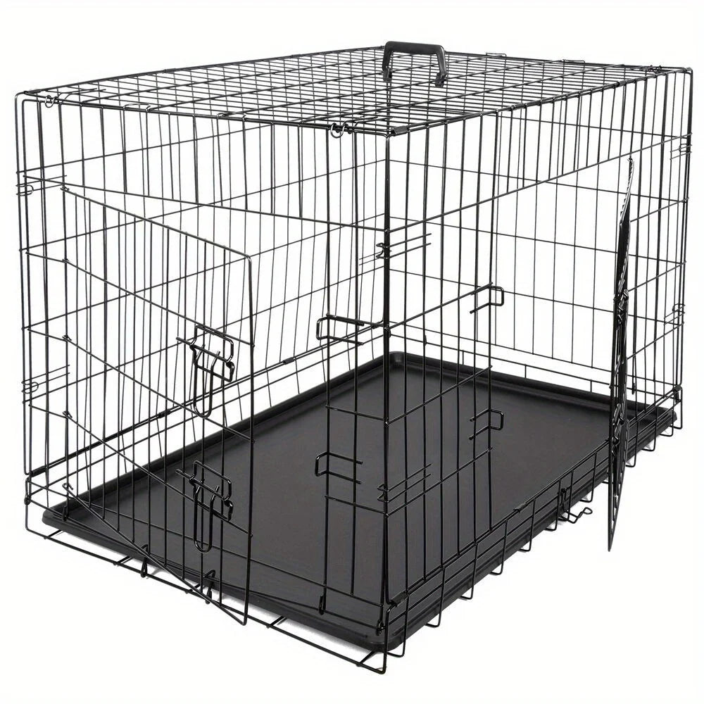 36" Folding Metal Dog Crate with Double Doors and Tray