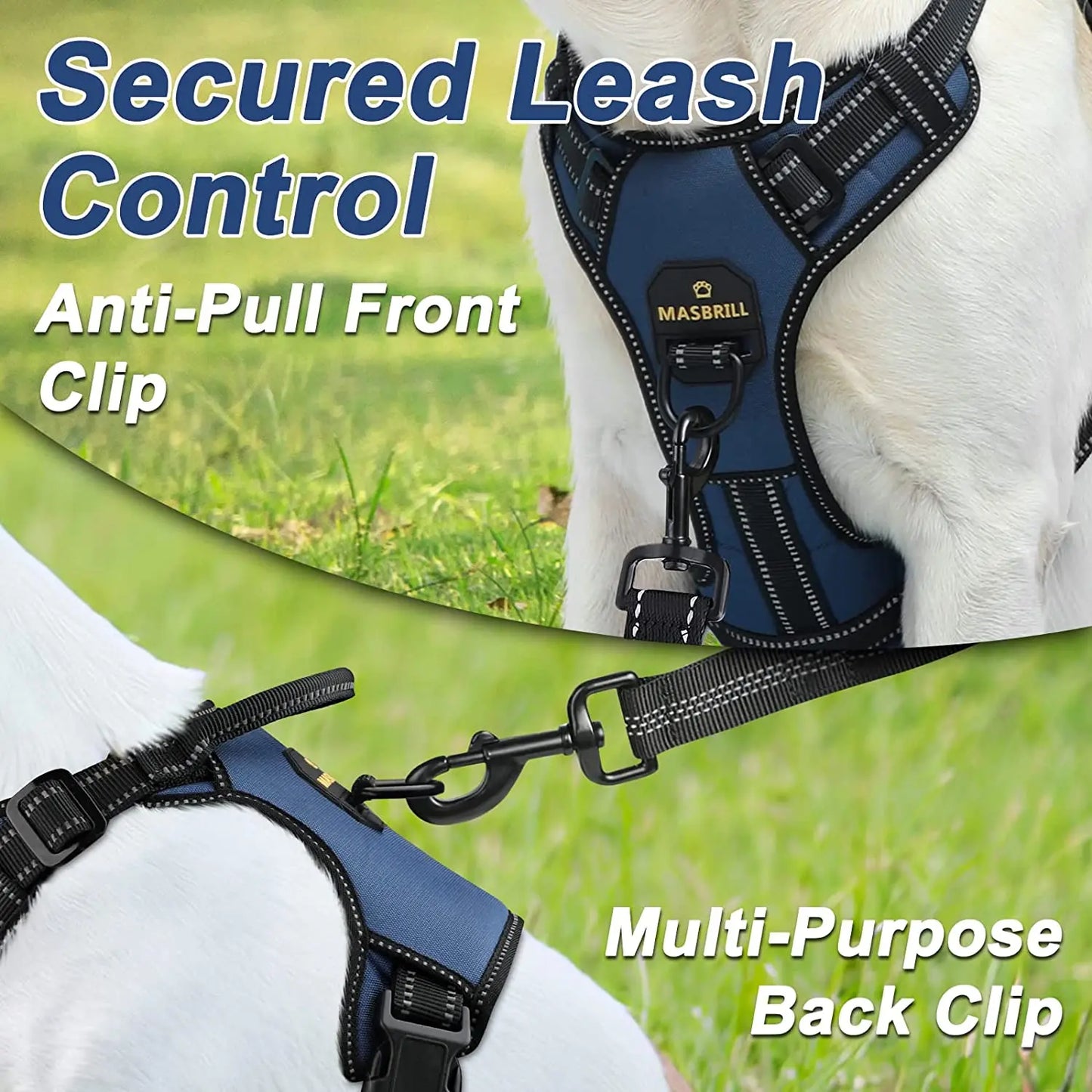 Masbrill No-Pull Adjustable Dog Harness with Reflective Straps & Optional Leash