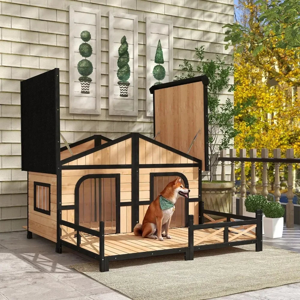 Wooden XL Outdoor Dog House with Elevated Floor and Porch -  Weatherproof Kennel