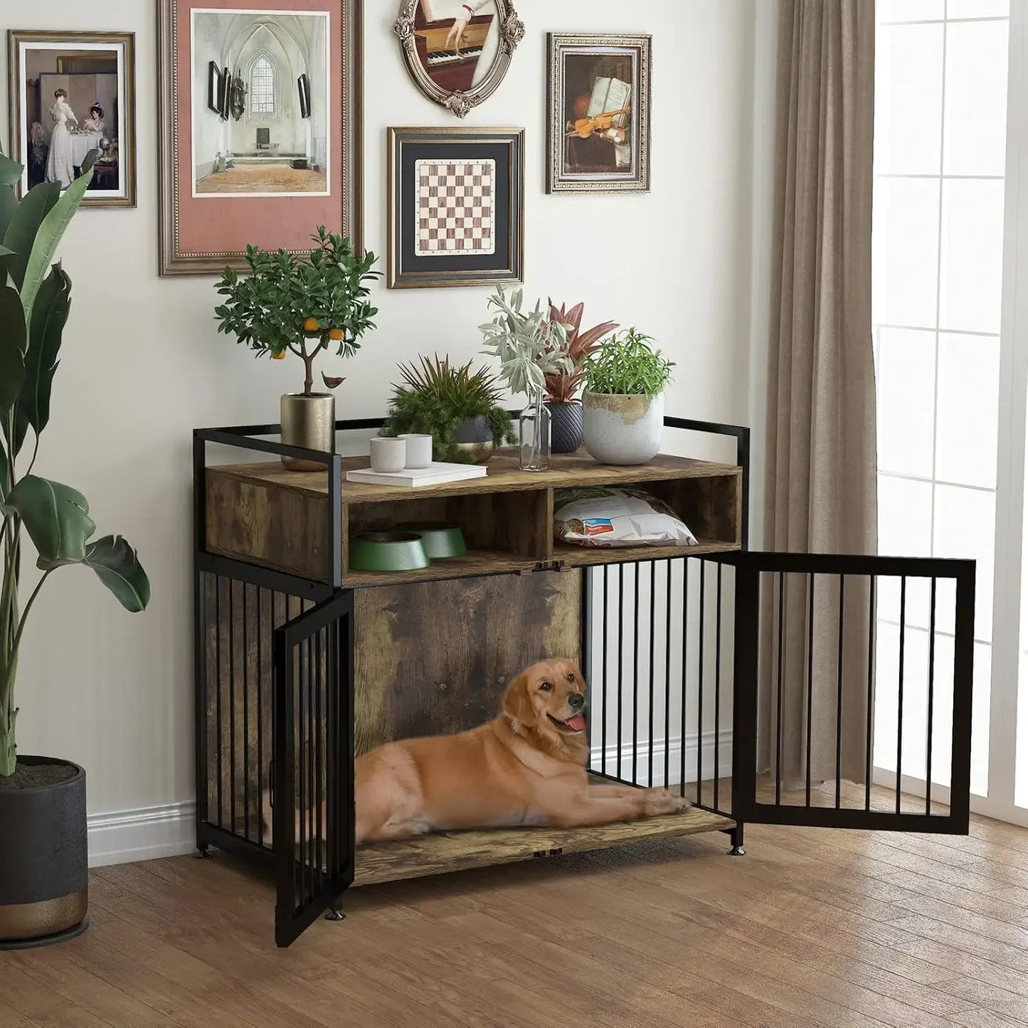 Wooden Furniture-Style Dog Crate with Metal Bars & Storage