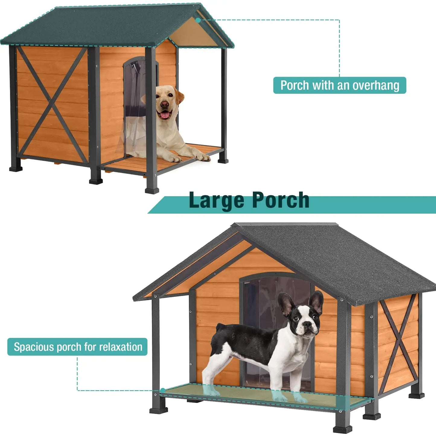 Weatherproof Wooden Dog House with Iron Frame for Small to Medium Dogs