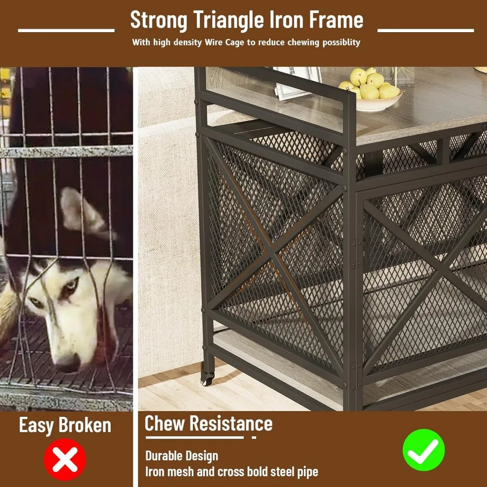 47-Inch Extra-Large Wooden Dog Crate with Wheels & Storage