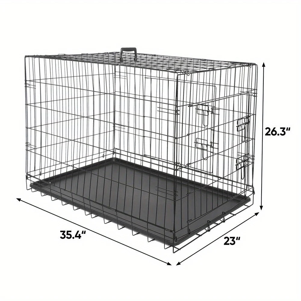 36" Folding Metal Dog Crate with Double Doors and Tray