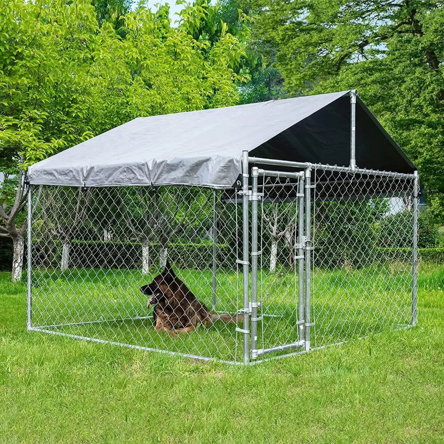 Extra Large Outdoor, Anti-Rust Dog Kennel with Galvanized Roof and Chain Link Dog Run