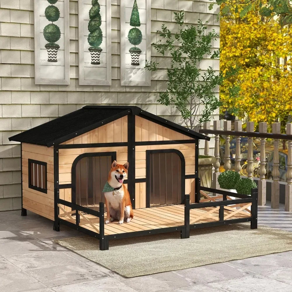 Wooden XL Outdoor Dog House with Elevated Floor and Porch -  Weatherproof Kennel