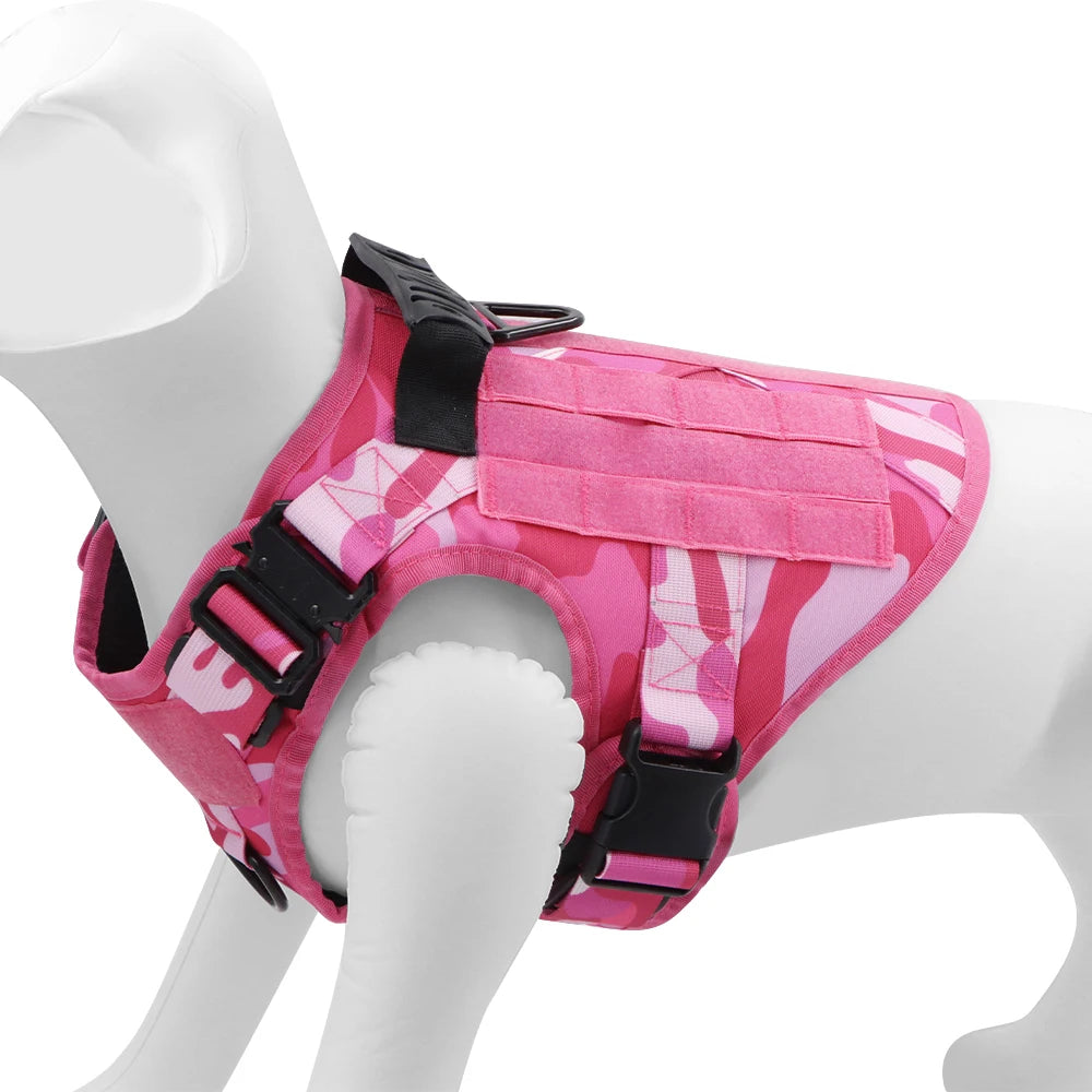 Pink Military Camouflage Tactical Dog Harness with Optional Adjustable Bungee Leash – Perfect for Medium and Large Dogs