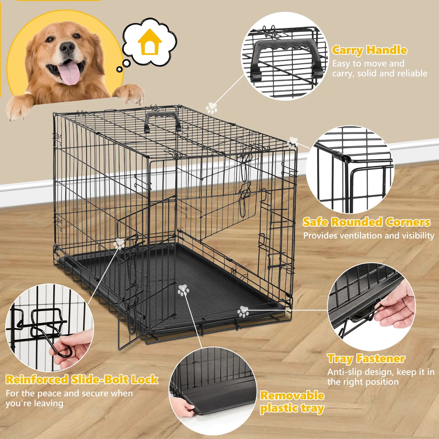 JHK Extra Large Folding Metal Dog Crate with Double Doors & Leak-Proof Tray